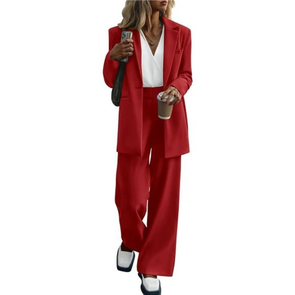 Stylish Red Wide Leg Pants & Blazer Two Piece Suit Set